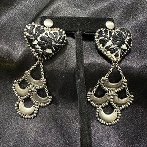 Chic Black and Silver Heart Dangle Earrings